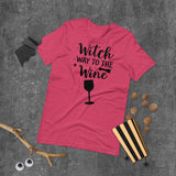 witch way to the wine black lettering on rasberry tshirt for halloween