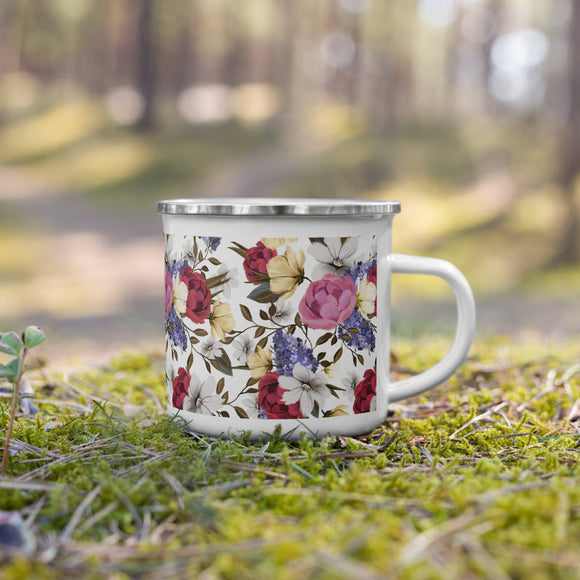 lilac and rose enamel coffee mug and tea cup. floral pattern on a white background.