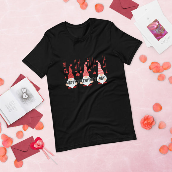 Happy Valentines Day 2 gnomes in shades of red and pink black short sleeved shirt