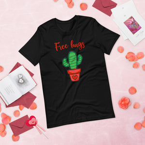 Free hugs black tshirt with green cactus in a terra cotta pot