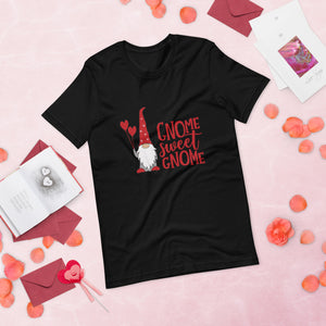 gnome sweet gnome black tshirt with cute gnome holding red heart balloons