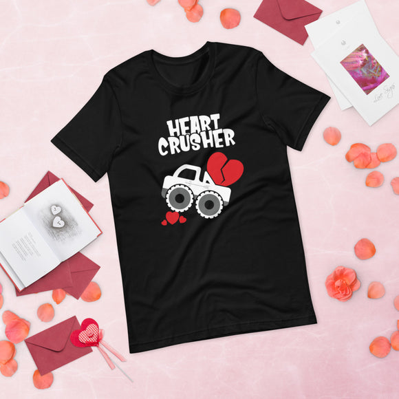 Heart Crusher black tshirt with lifted truck crushing hearts