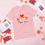 Foxy love pink tshirt with two sleeping foxes and a red heart