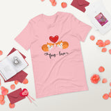 Foxy love pink tshirt with two sleeping foxes and a red heart