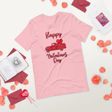 vintage red truck on a pink tshirt with red lettering happy valentines day