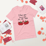 Pink tshirt with two tomatoes and a heart with blacck lettering saying I love you from my head to ma toes