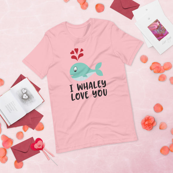 cute blue whale pink tshirt with red hearts and black lettering saying I whaley love you