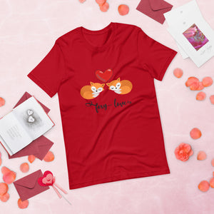 Foxy love red tshirt with two sleeping foxes and a red heart