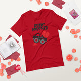 Heart Crusher red tshirt with lifted truck crushing hearts
