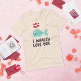 cute blue whale cream tshirt with red hearts and black lettering saying I whaley love you