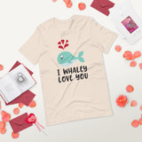 cute blue whale cream tshirt with red hearts and black lettering saying I whaley love you