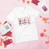 Happy Valentines Day 3 gnomes in shades of red and pink white short sleeved shirt