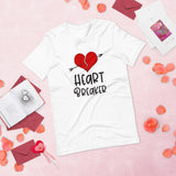 Heart breaker white tshirt with cracked red heart with an arrow through it