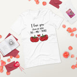 white tshirt with two tomatoes and a heart with blacck lettering saying I love you from my head to ma toes