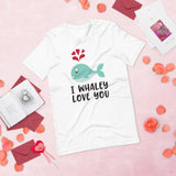 cute blue whale white tshirt with red hearts and black lettering saying I whaley love you